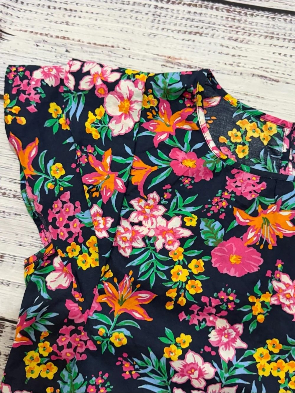 J. Crew Floral Short Sleeve Top - Navy with Pink & Yellow Blooms extra small